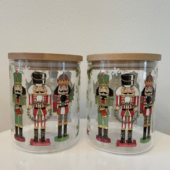 Nutcracker Themed Glass Canister Jar Vintage CHRISTMAS Storage Set of 2 New - Picture 1 of 16